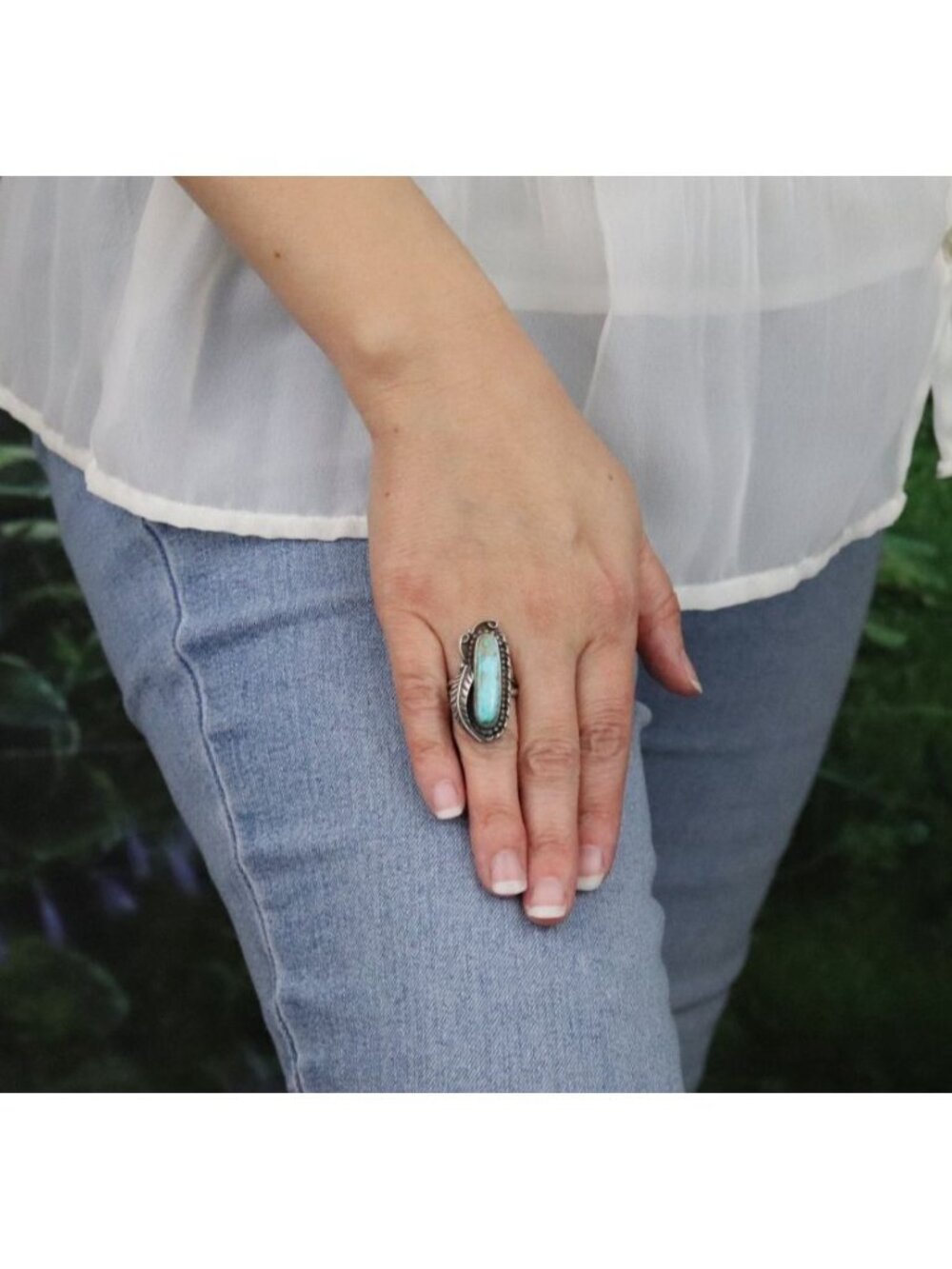Sterling Silver Natural Oval Turquoise Ring Leaf Design Size 6 1/2 - Picture 3 of 6